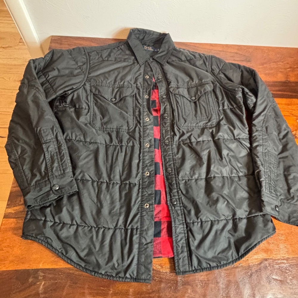 Polo Ralph Lauren Mens Quilted Shirt Jacket Black Buffalo Plaid Lined Large